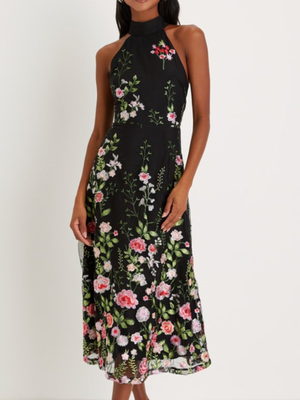 Lulus Blossoming Energy Black Floral Embroidered Halter Midi Dress - Size L